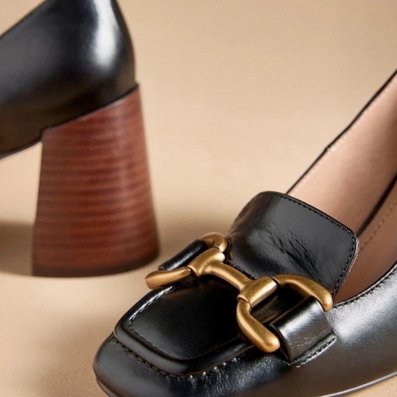 Anthropologie Bibi Lou Zagred Wood Stacked Heel Black Leather - Picture 11 of 11